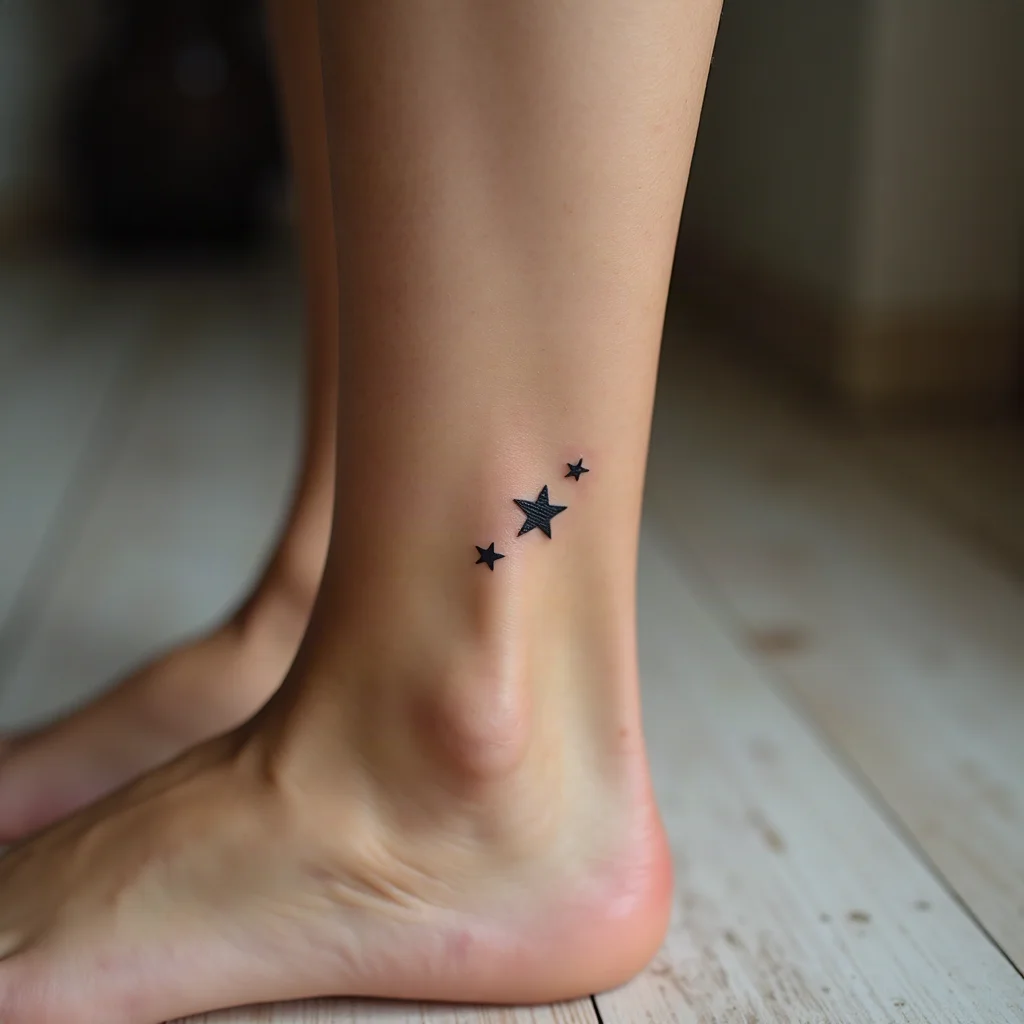 Minimalist tiny star tattoo tucked on a woman's inner ankle near the arch