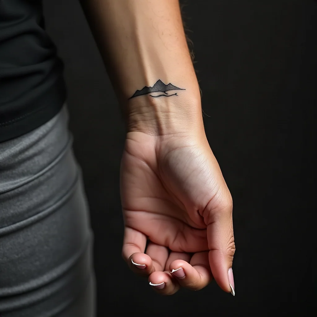 Minimalist tiny wave tattoo on the side of a woman's wrist under a watch
