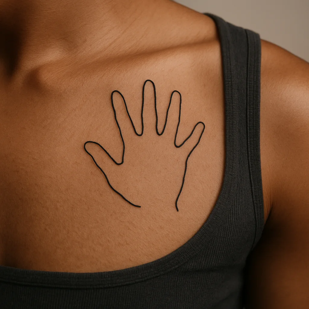 Minimalist traced child handprint outline tattooed over the heart on a chest