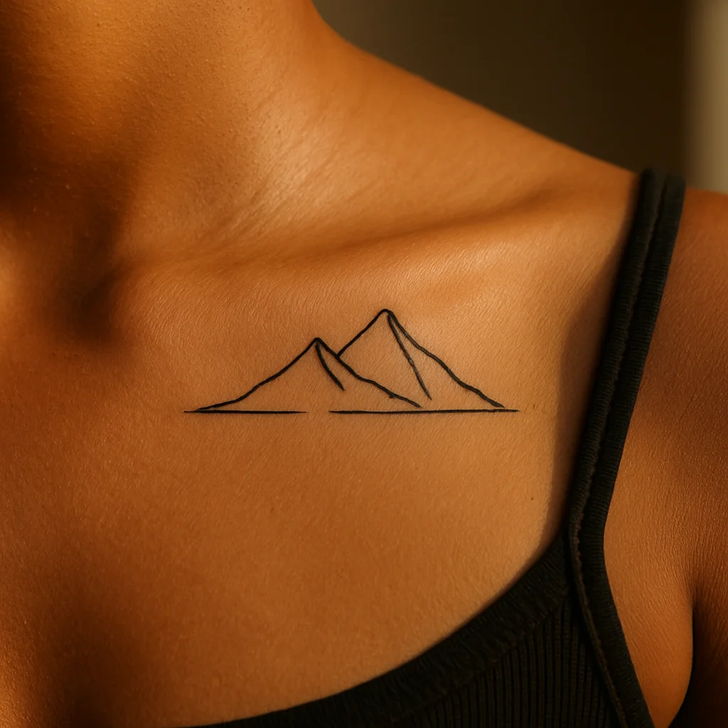 Minimalist two-line mountain silhouette tattoo along the collarbone