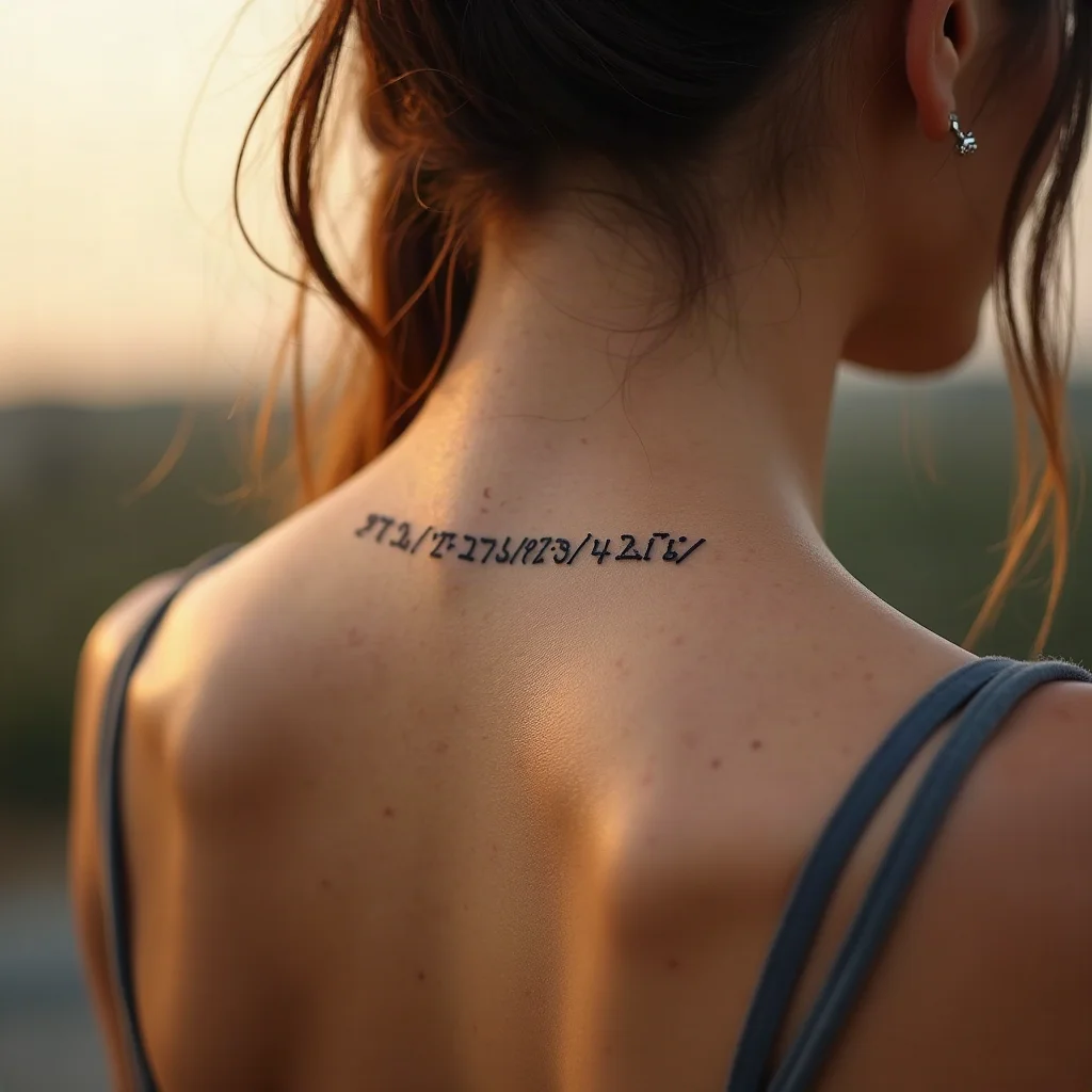 Minimalist typewriter-style coordinates tattoo down a mother's spine, matching her son's rib version