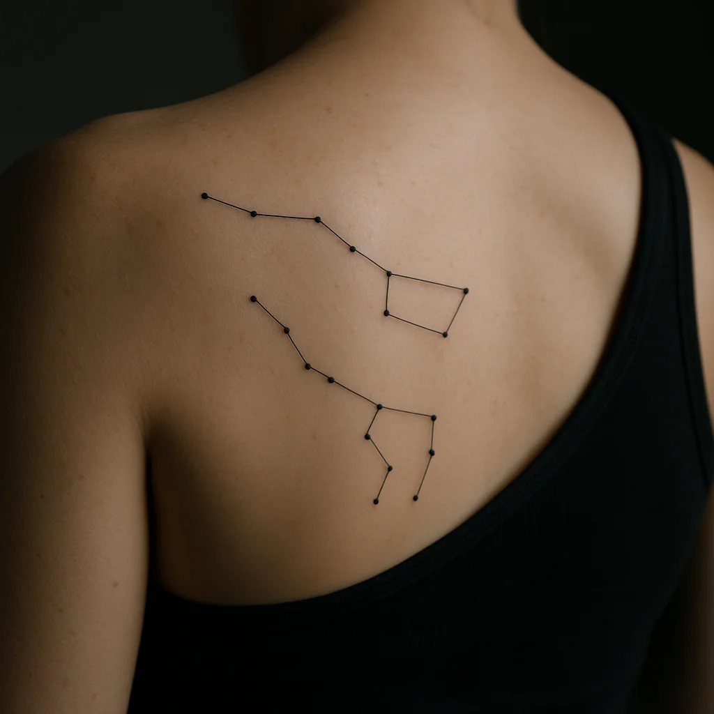 Minimalist Ursa Major and Ursa Minor constellation tattoo on a shoulder blade