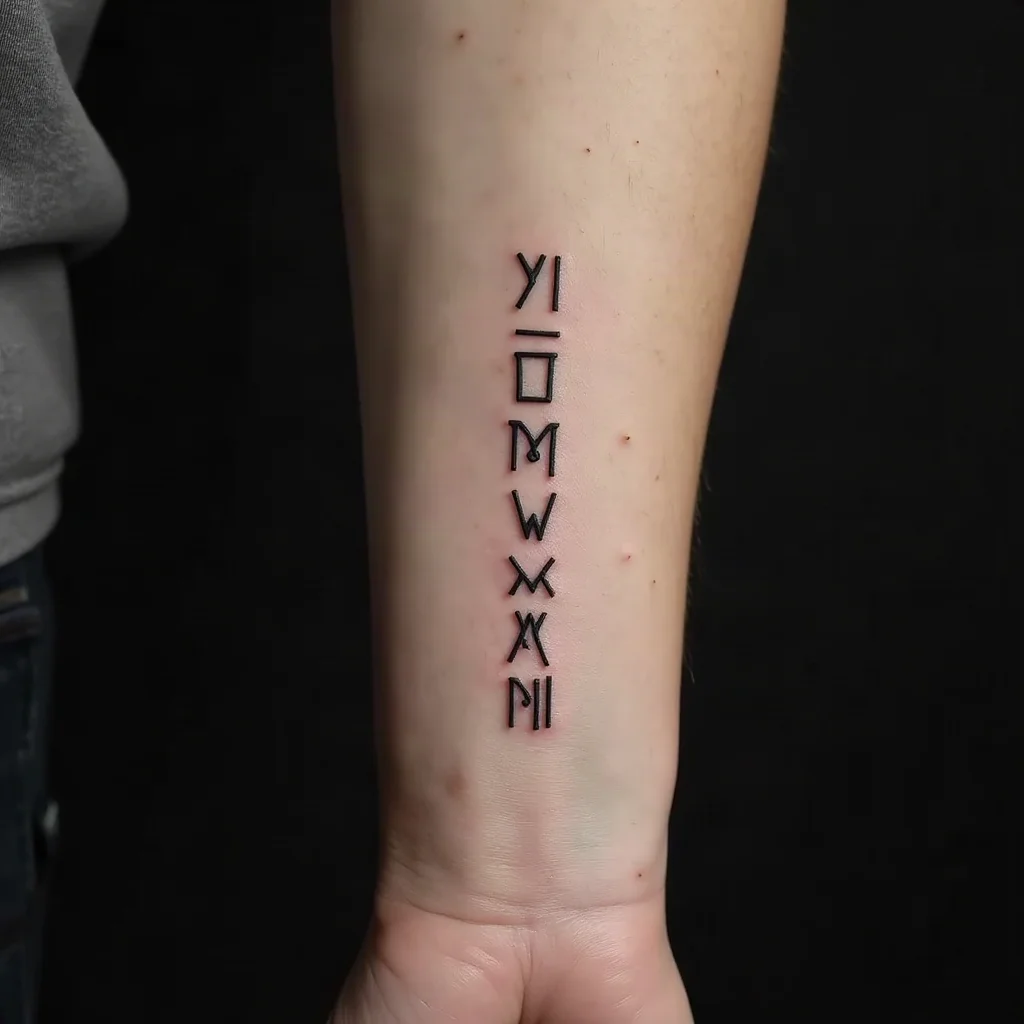 Minimalist vertical Roman numeral date running down the side of the wrist