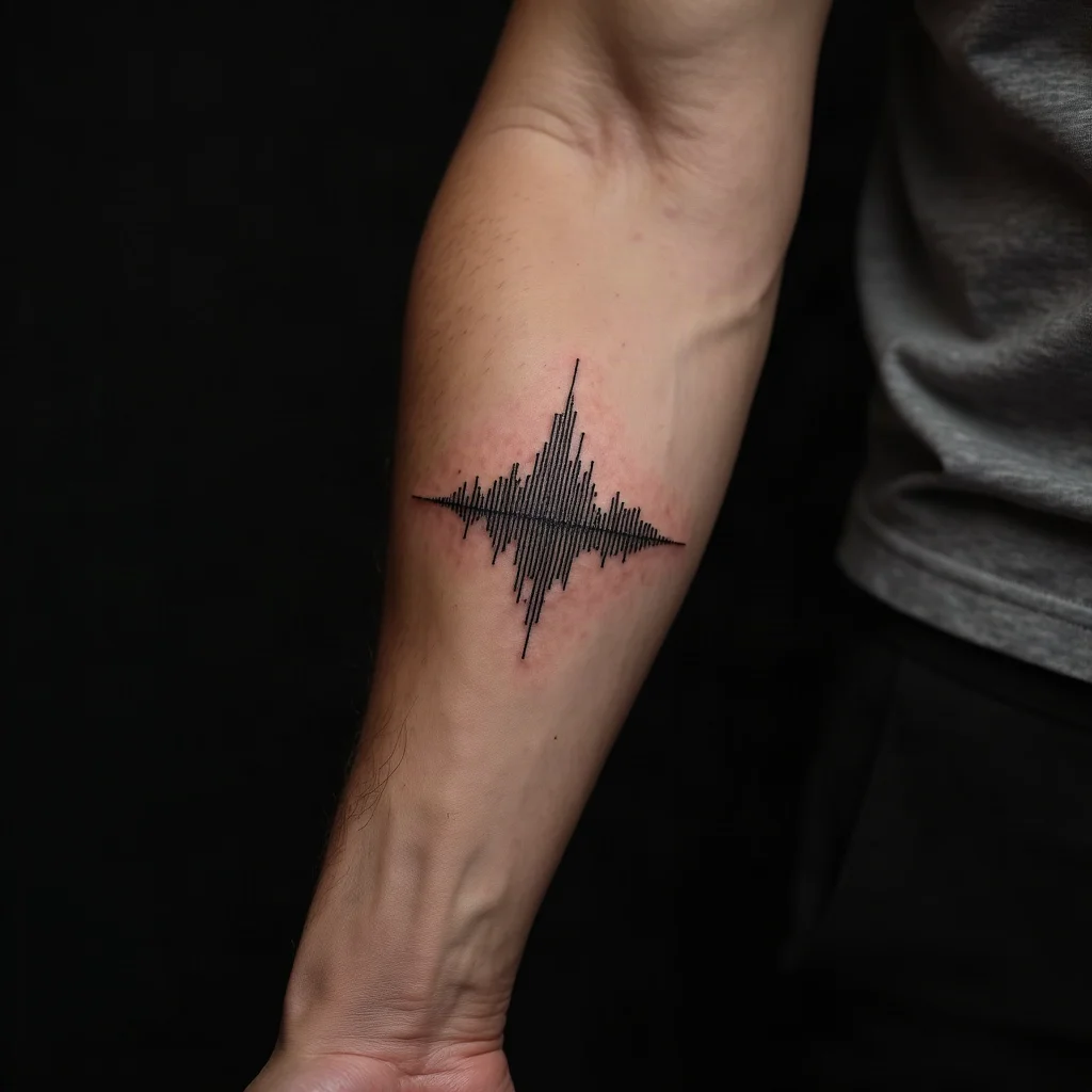Minimalist voicemail soundwave band tattooed on a man's outer forearm
