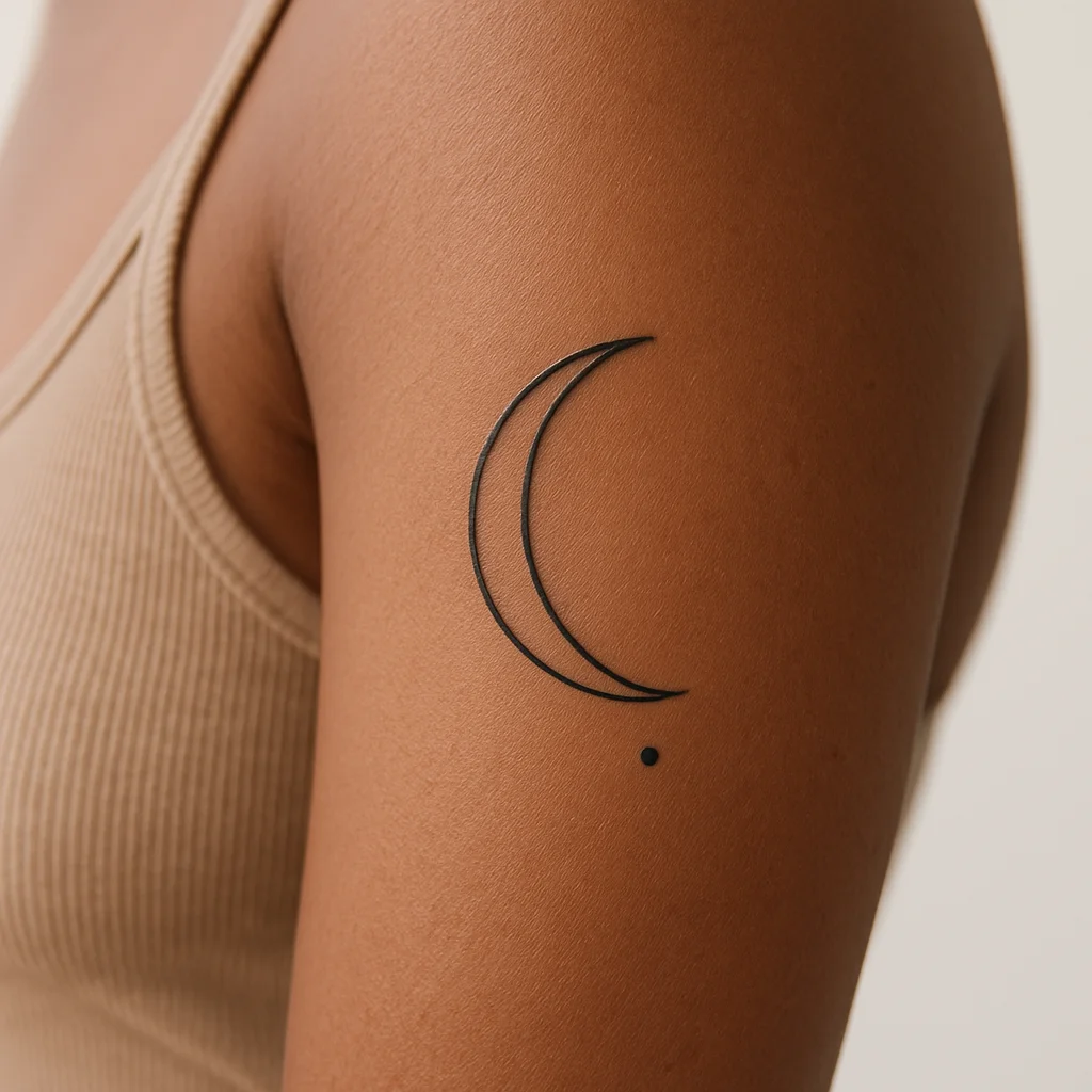 Minimalist waxing crescent moon tattoo with two dots on the upper arm