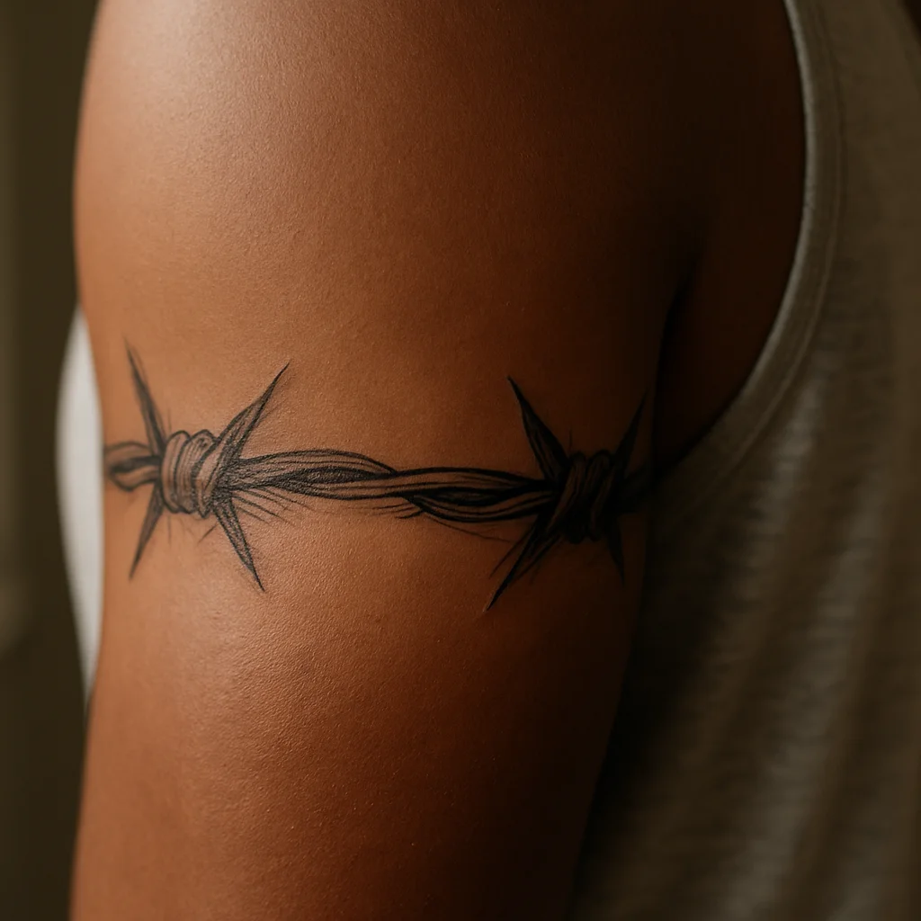Modern barbed wire armband with irregular barbs wrapping the bicep