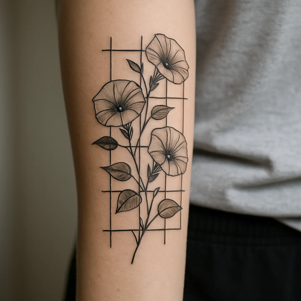 Morning glory vines climbing a geometric fine-line trellis on the outer forearm