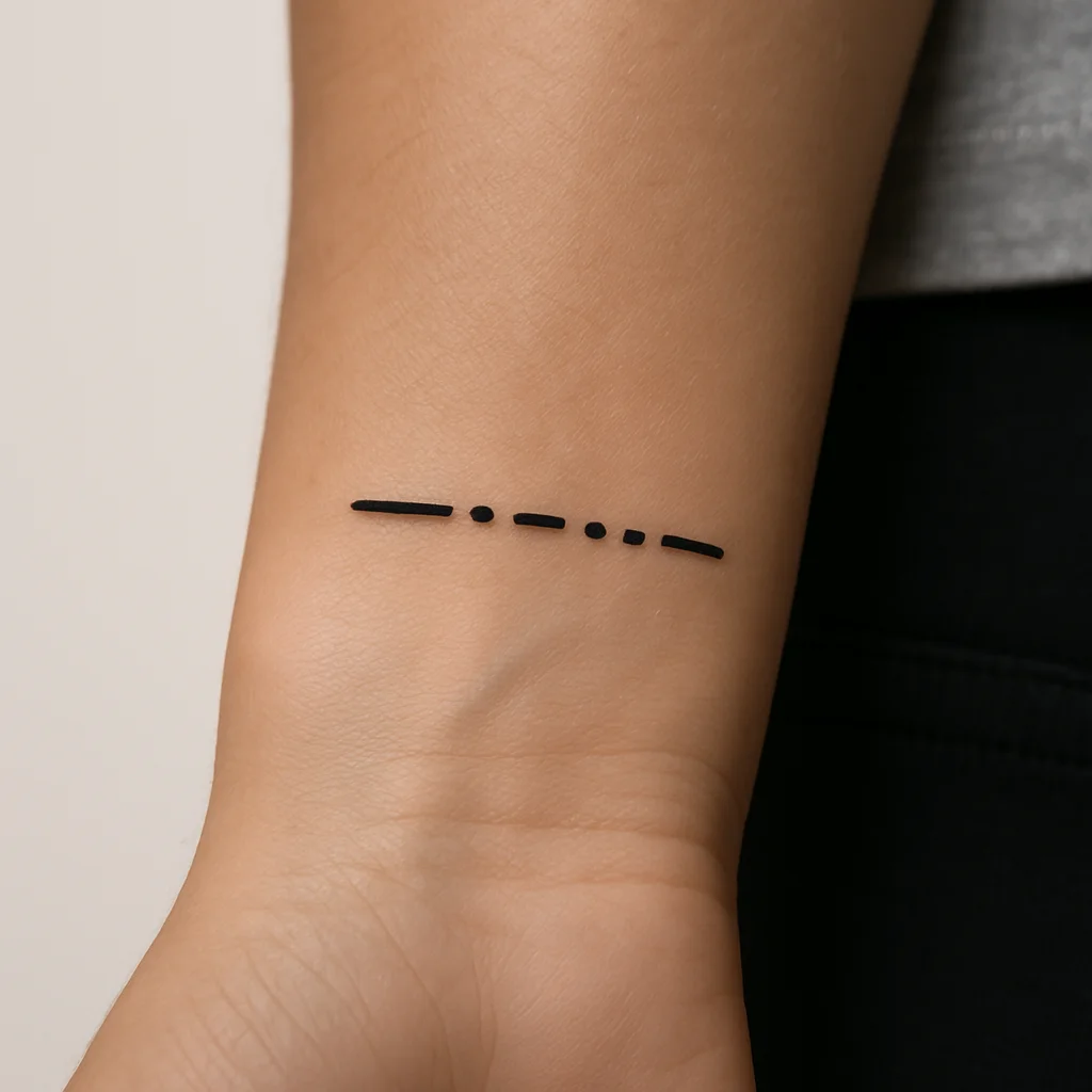 Morse code band tattoo of dots and dashes around a man's wrist