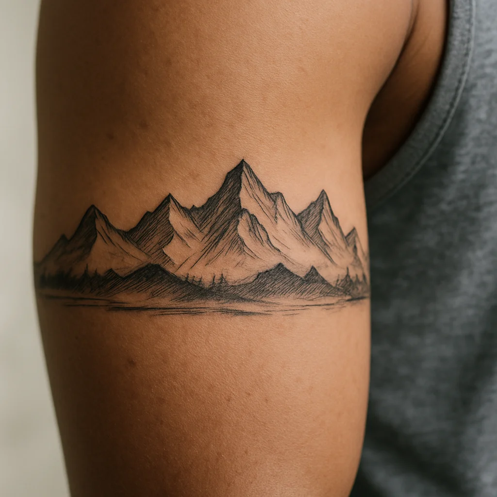 Mountain range silhouette armband circling the bicep in illustrative style