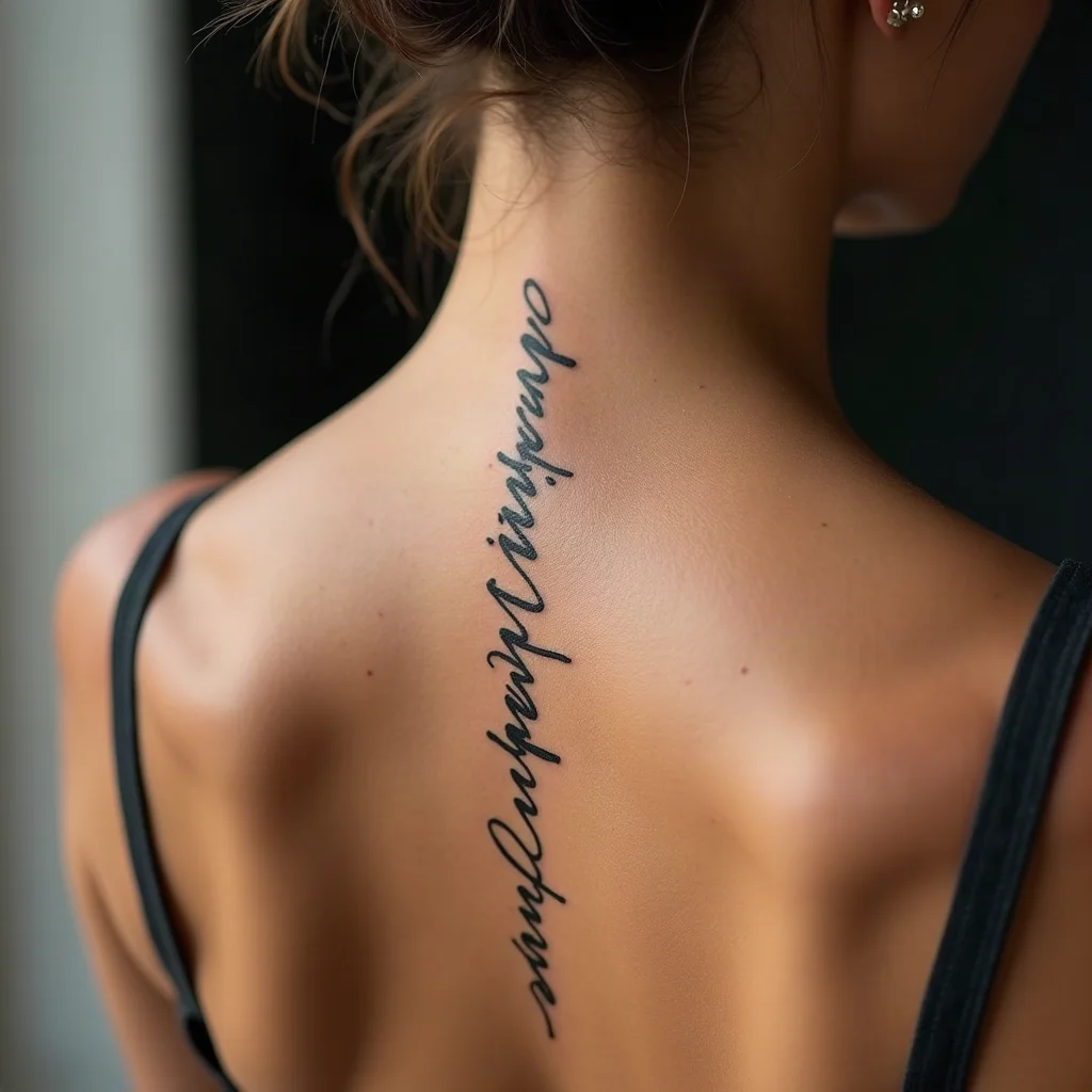 Multi-line fine-line script quote tattooed vertically down the spine