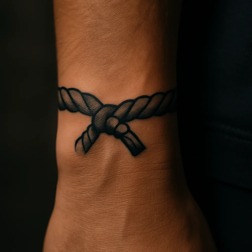 Nautical rope band tattoo with a knot detail on a man's wrist