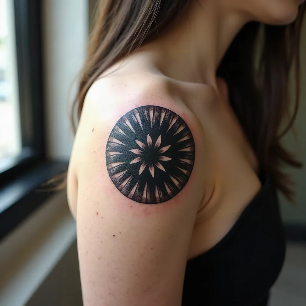 Negative-space aster inside a solid black circle tattooed on the shoulder blade