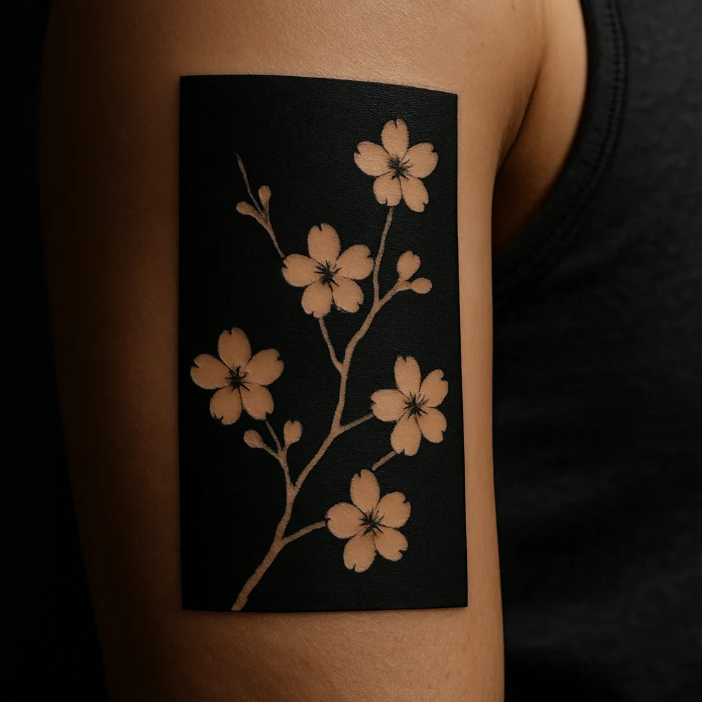 Negative-space blossom tattoo with bare skin flowers inside solid blackwork on the upper arm