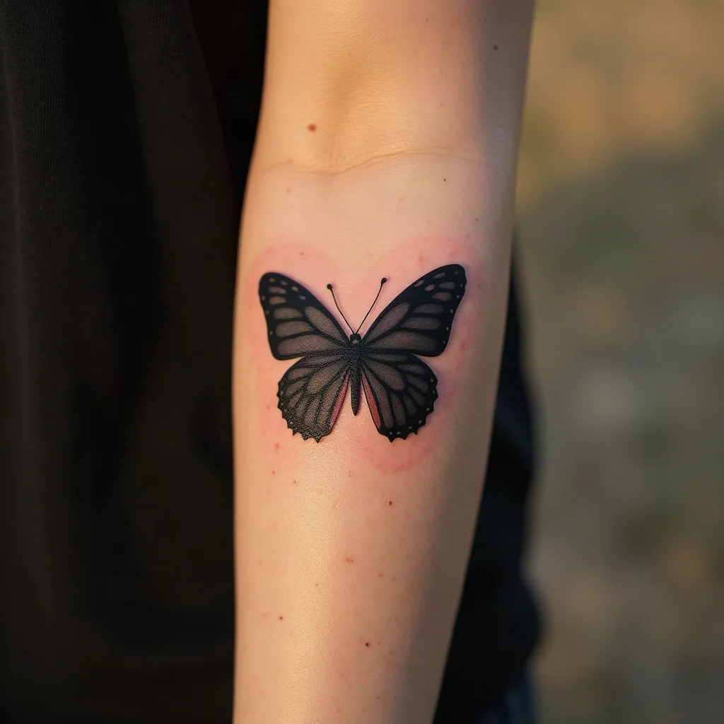 Negative-space butterfly inside a solid black panel tattooed on the outer forearm