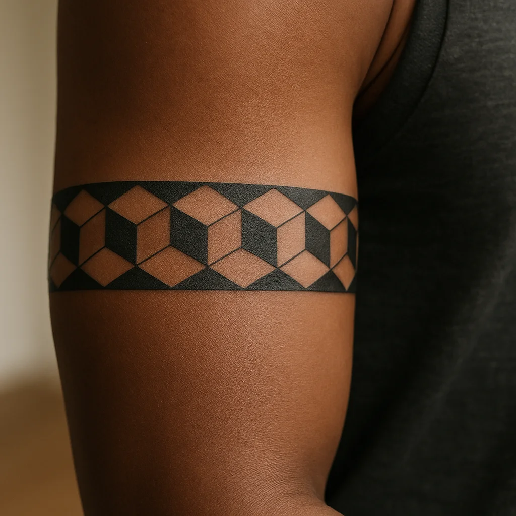 Negative-space isometric cube armband creating an optical effect on the bicep