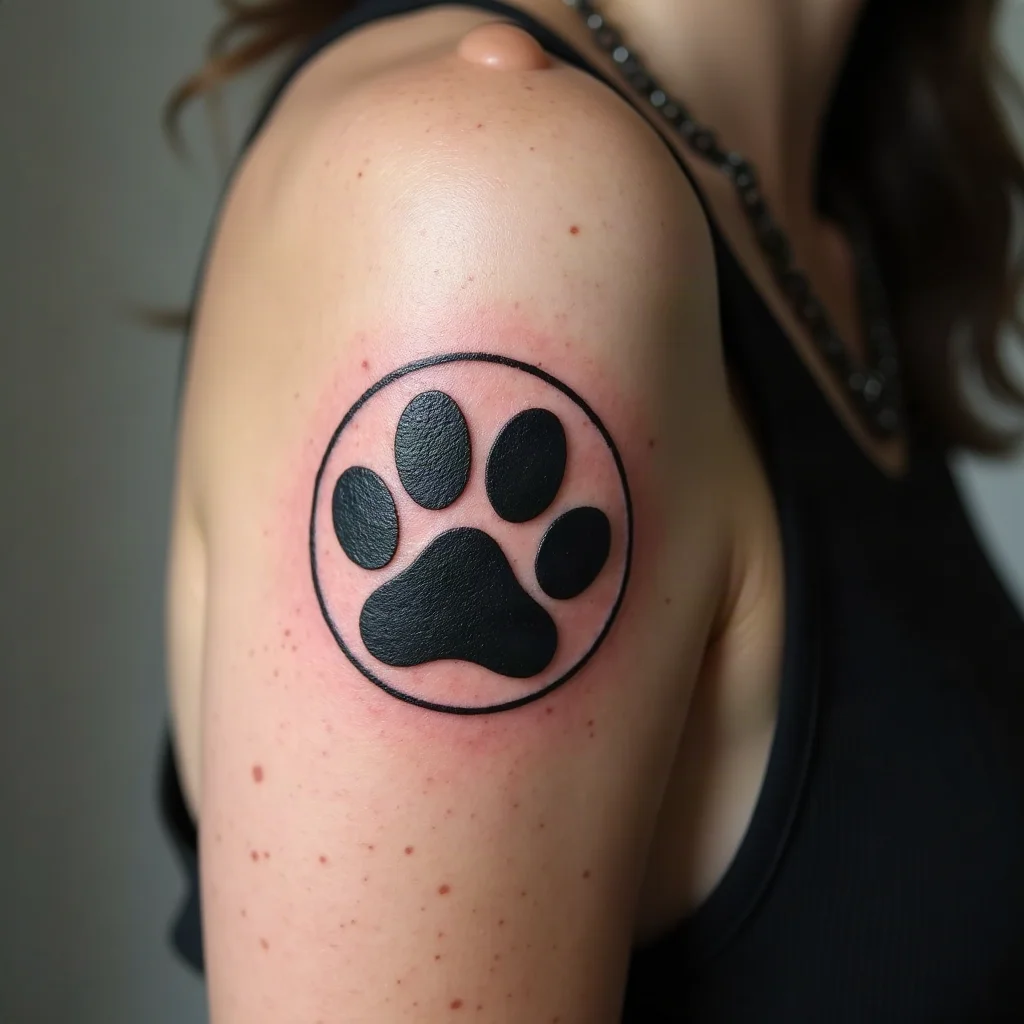 Negative-space paw print inside a solid black disc, blackwork tattoo on an upper arm