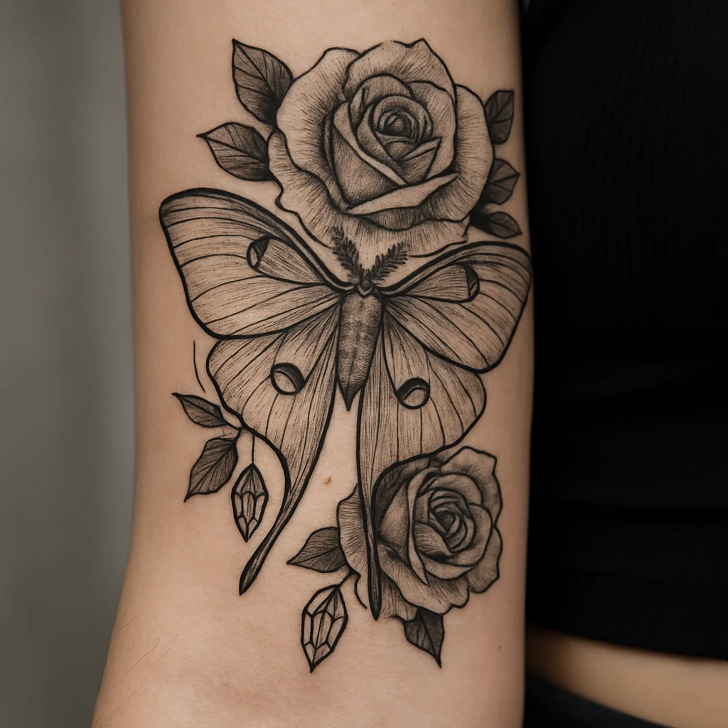 Neo-traditional luna moth and rose tattoo at the inner elbow and forearm