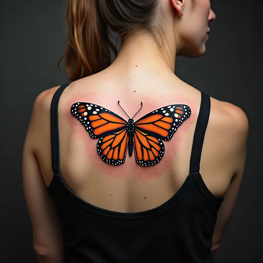 Neo-traditional orange monarch butterfly tattooed on the rounded shoulder cap