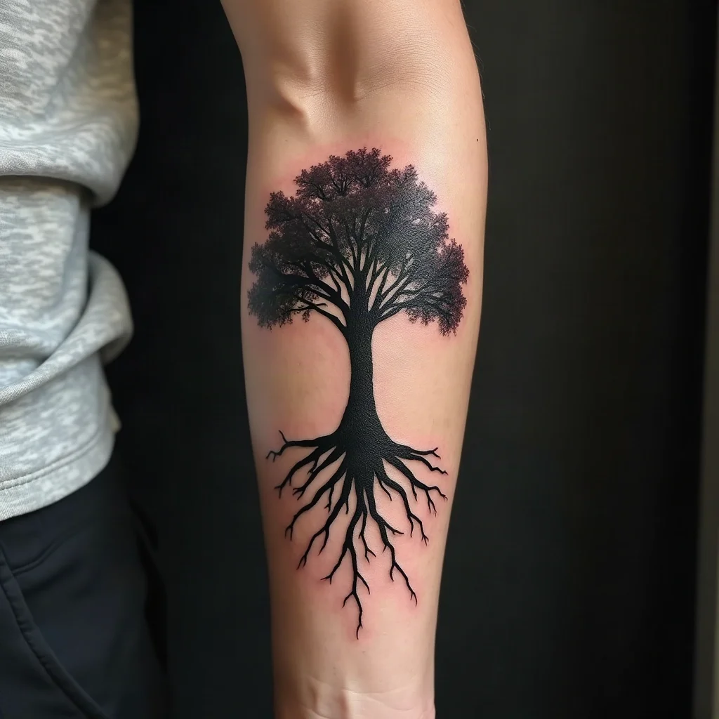 Oak tree with exposed roots tattooed in blackwork down a man's outer forearm