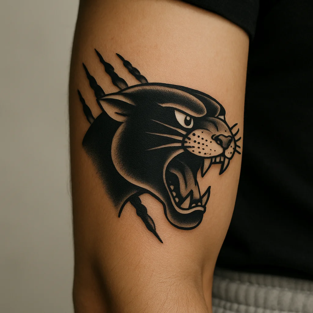 Old-school panther head with claw marks tattooed on the outer forearm in bold black and red