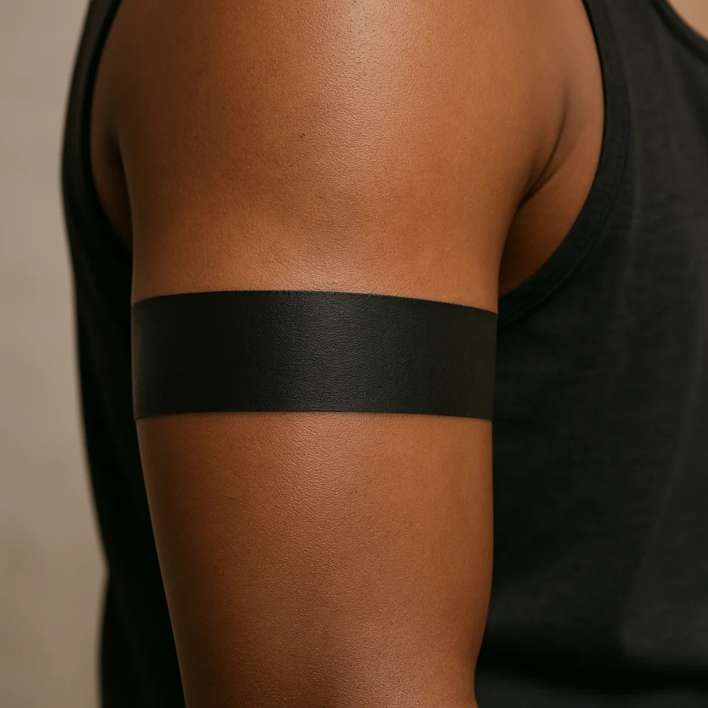 Open bold armband with squared ends stopping at the inner arm, minimalist bicep tattoo