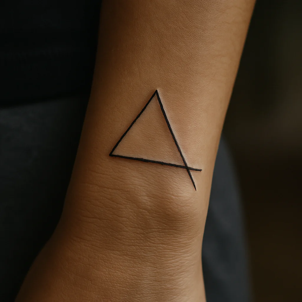 Open geometric triangle tattoo with extended line over the wrist bone on a man's wrist