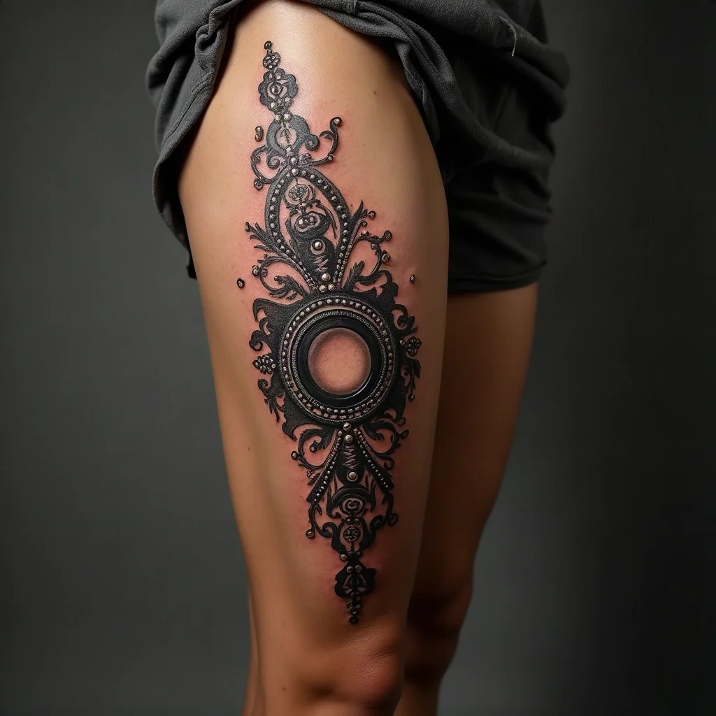 Ornamental filigree and chain work wrapping the thigh inner to outer in dense blackwork