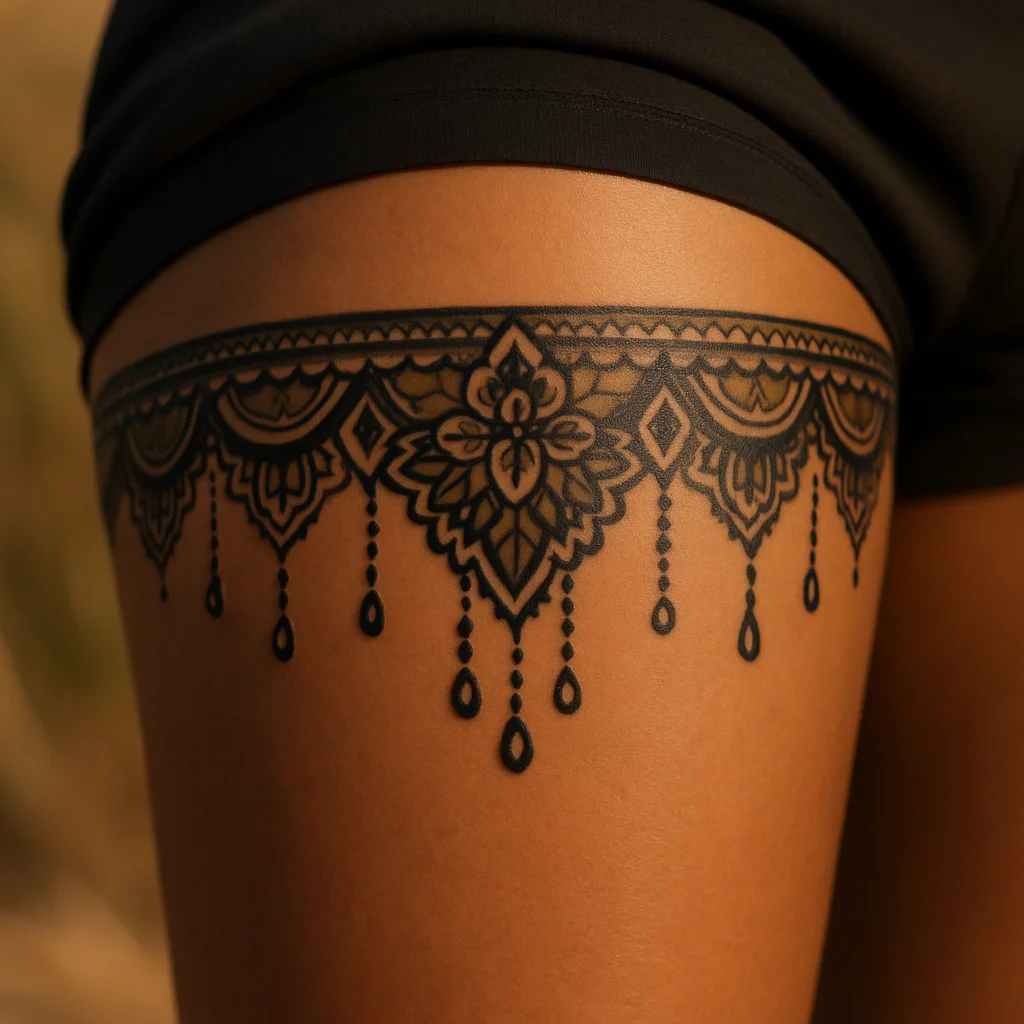 Ornamental lace garter band tattoo in blackwork circling the mid-thigh