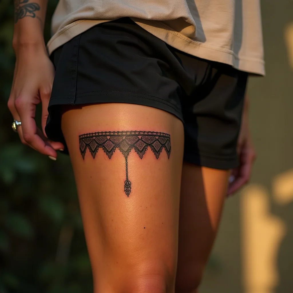 Ornamental lace garter band tattoo with pendant motif around the thigh