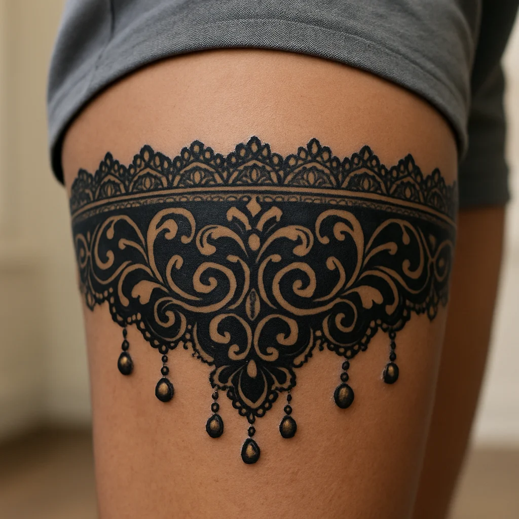 Ornamental lace garter tattoo in blackwork wrapping fully around the thigh