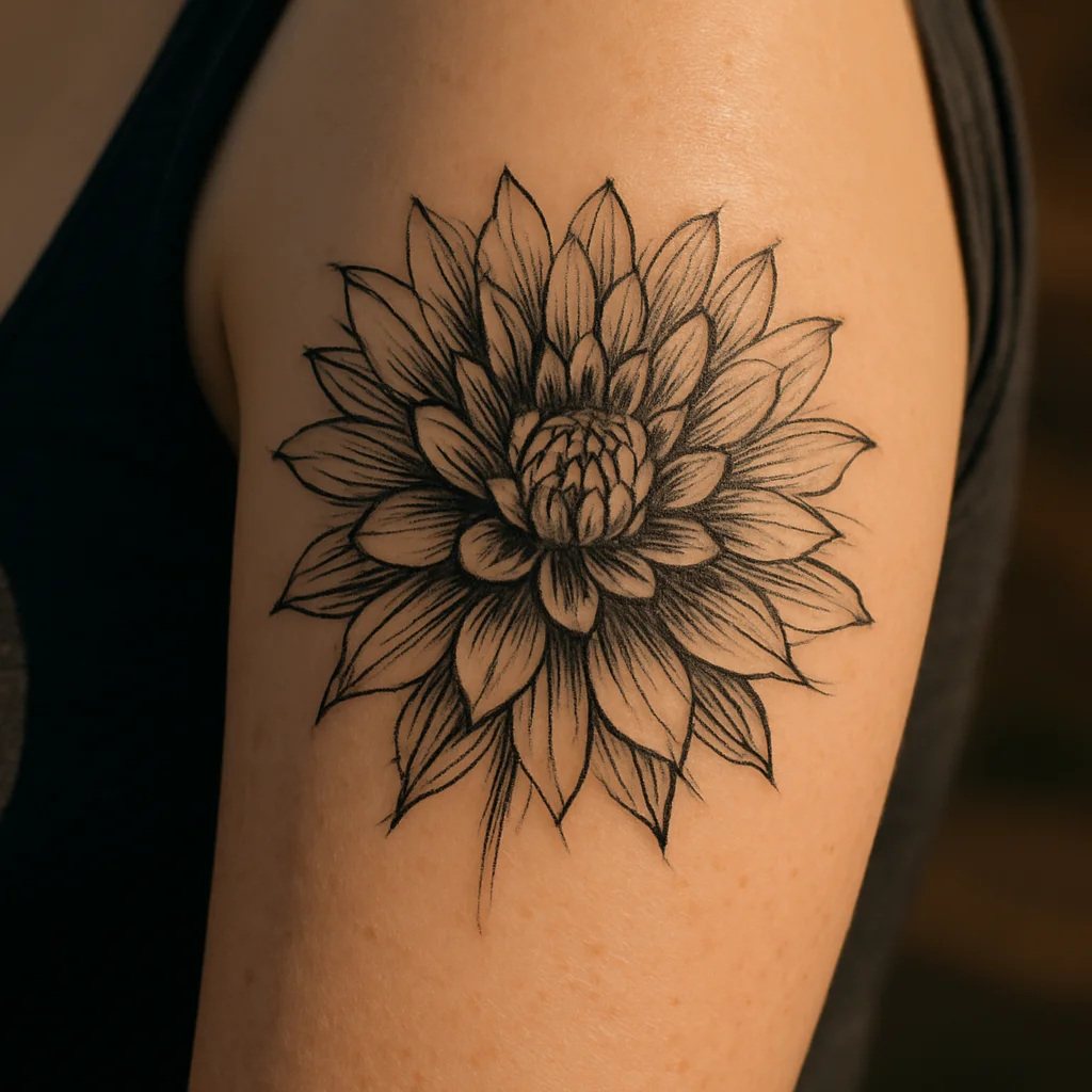 Oversized dahlia tattoo anchored above the elbow with radiating layered petals
