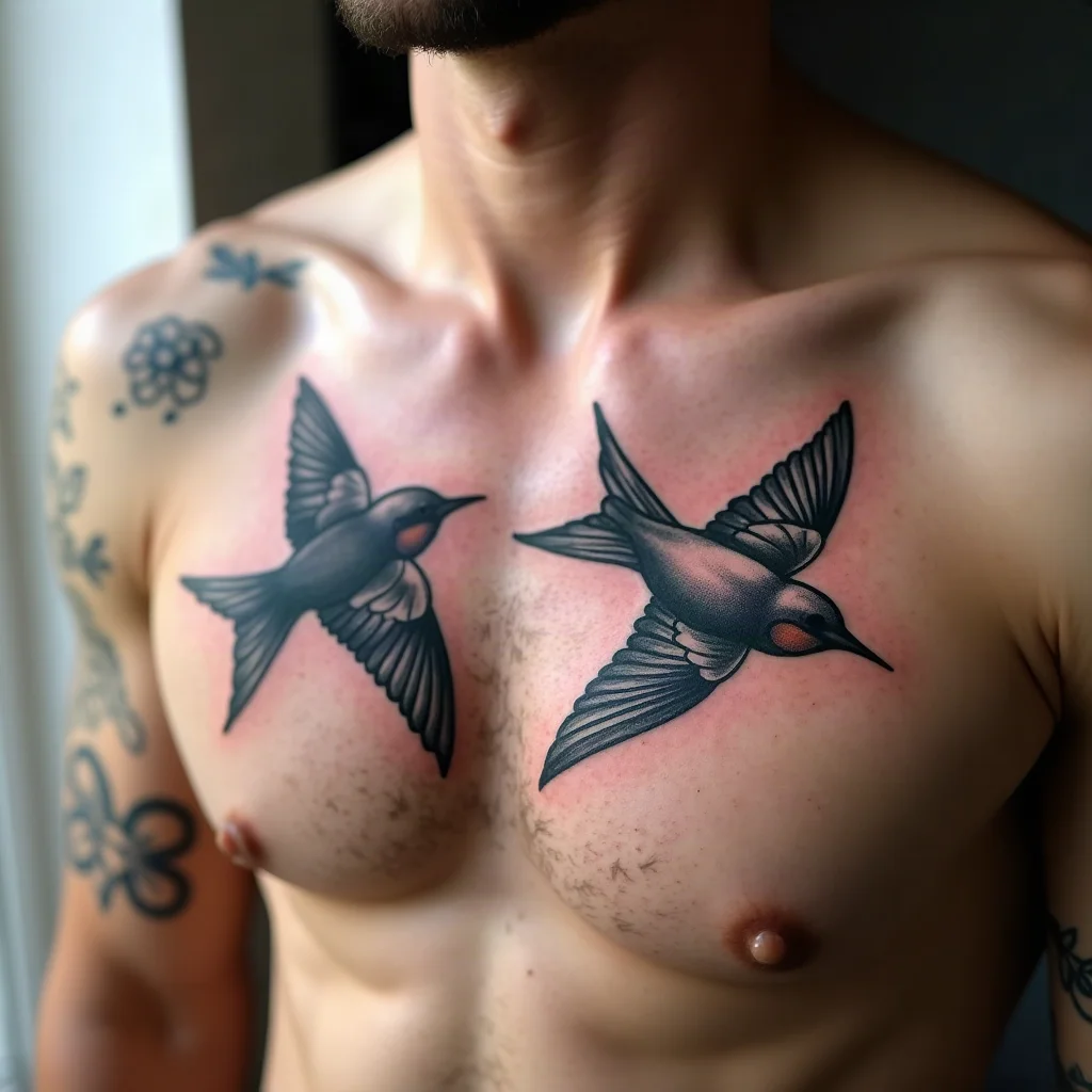 Pair of traditional swallows tattooed facing inward on a man's chest