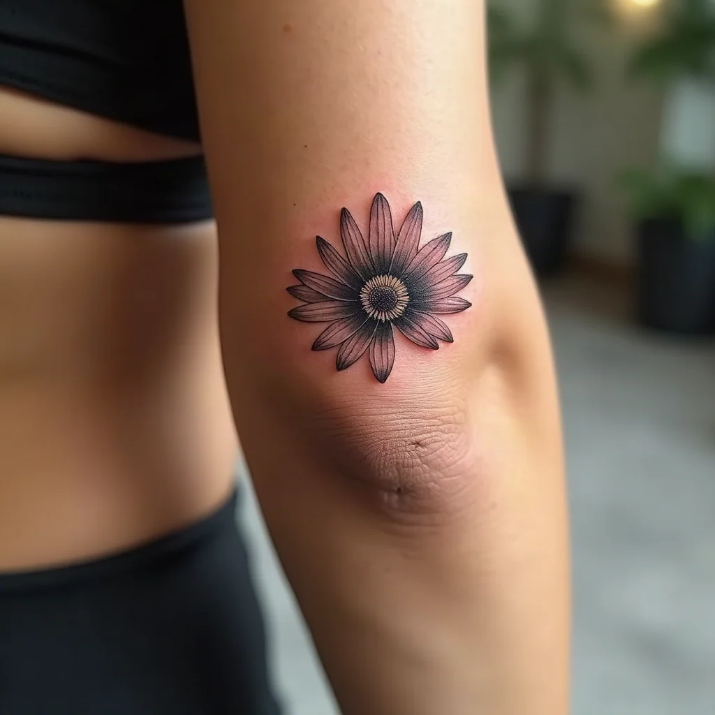 Palm-sized aster with widely spaced uneven petals tattooed on the flat outer forearm