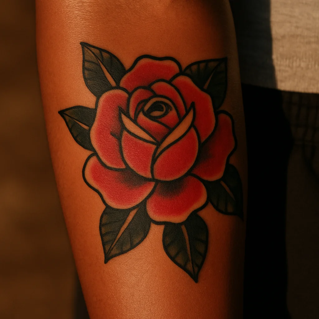 Palm-sized traditional rose tattoo with bold outlines on the outer forearm