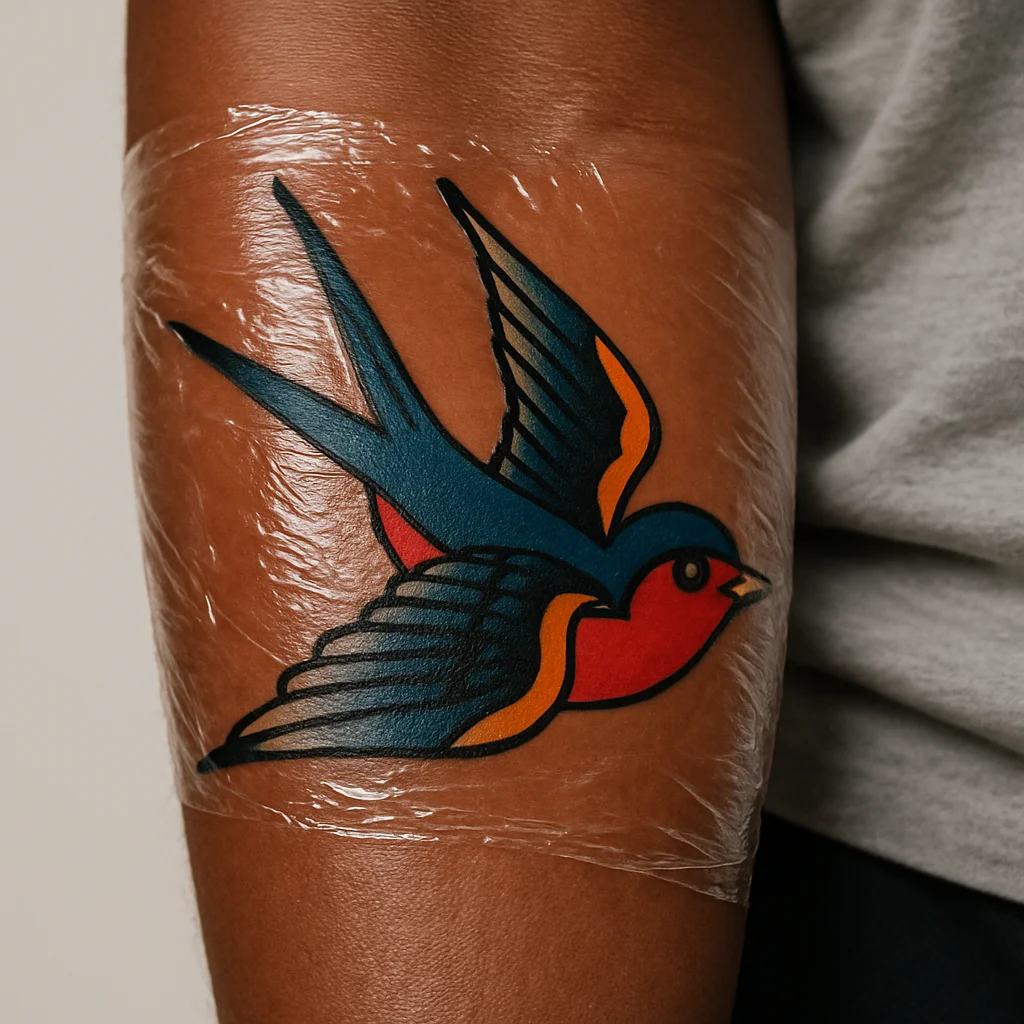 Palm-sized traditional swallow tattoo on an outer forearm freshly covered in plastic wrap