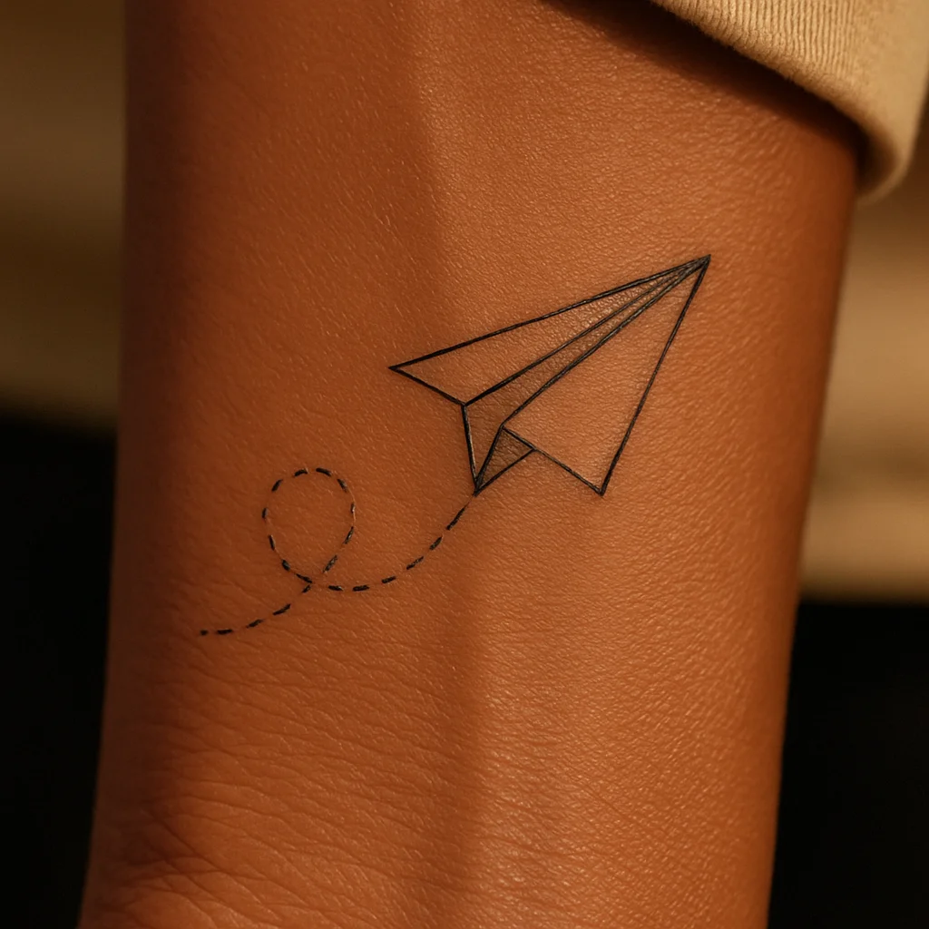 Paper plane tattoo with dotted flight path on a man's inner wrist