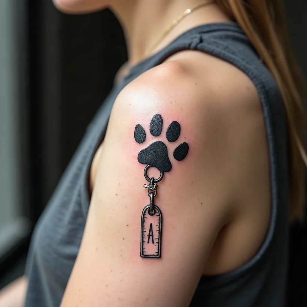 Paw print above an engraved collar tag tattoo, illustrative style on an upper arm