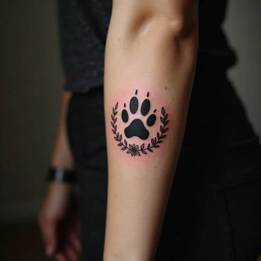 Paw print surrounded by a wreath of small flowers, fine-line tattoo on an outer forearm