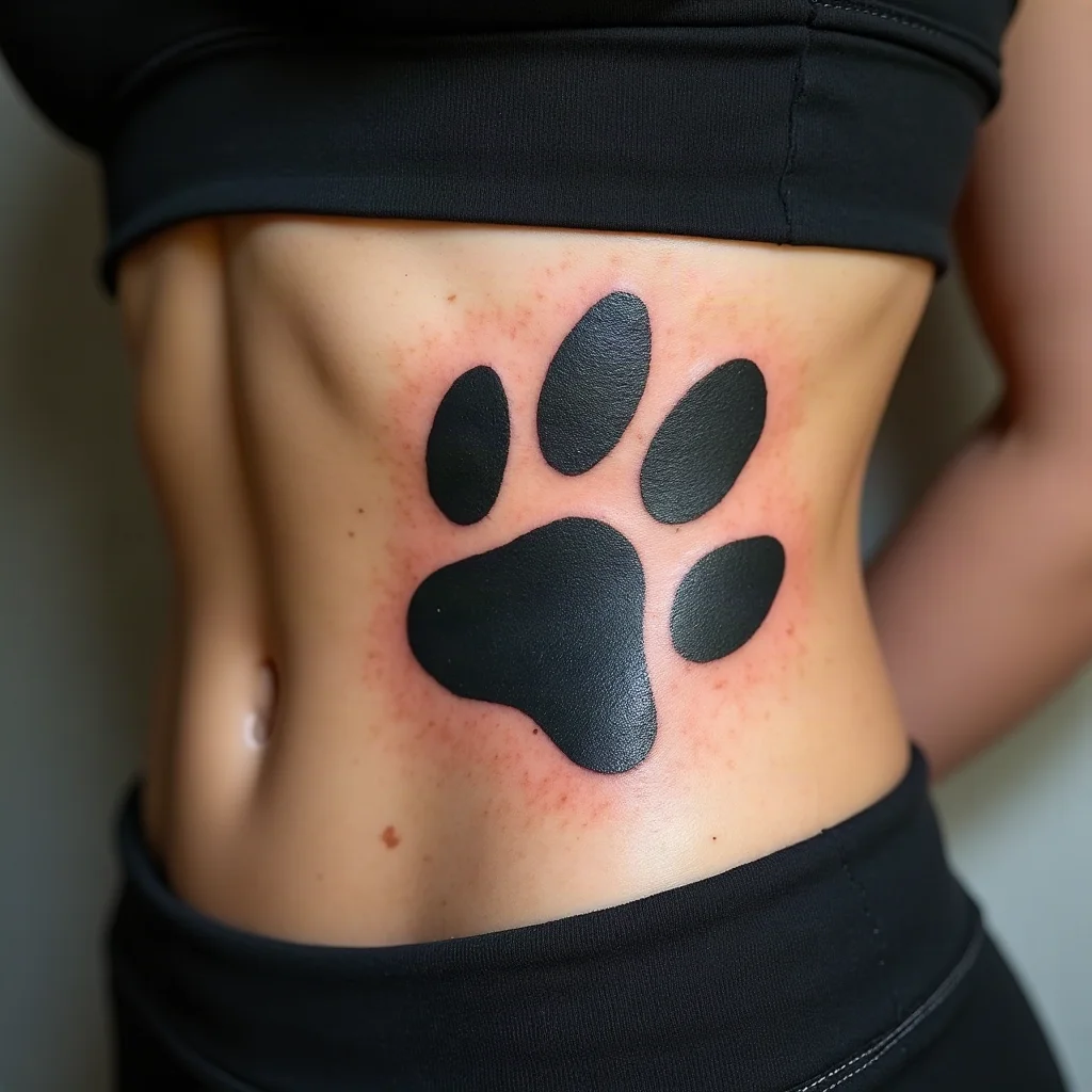 Paw print tattoo with a name carved in negative space, blackwork on the side of the ribcage