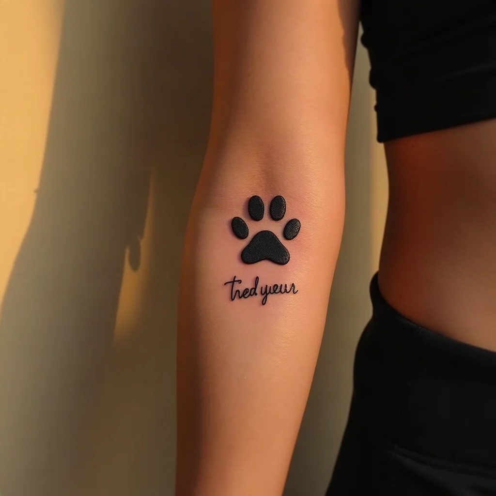 Paw print tattoo with a pet's name in script underneath, fine-line style on an inner forearm