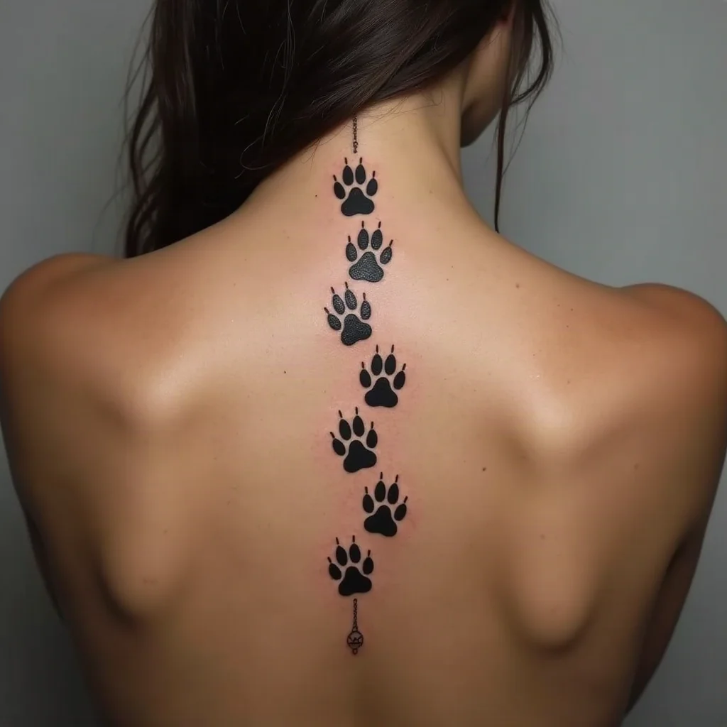 Paw print trail fading from solid black to pale grey, illustrative tattoo down the spine