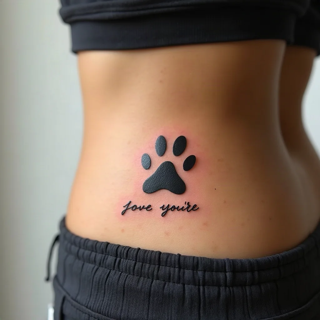 Paw print with a pet's name in handwritten script, fine-line tattoo running down the spine