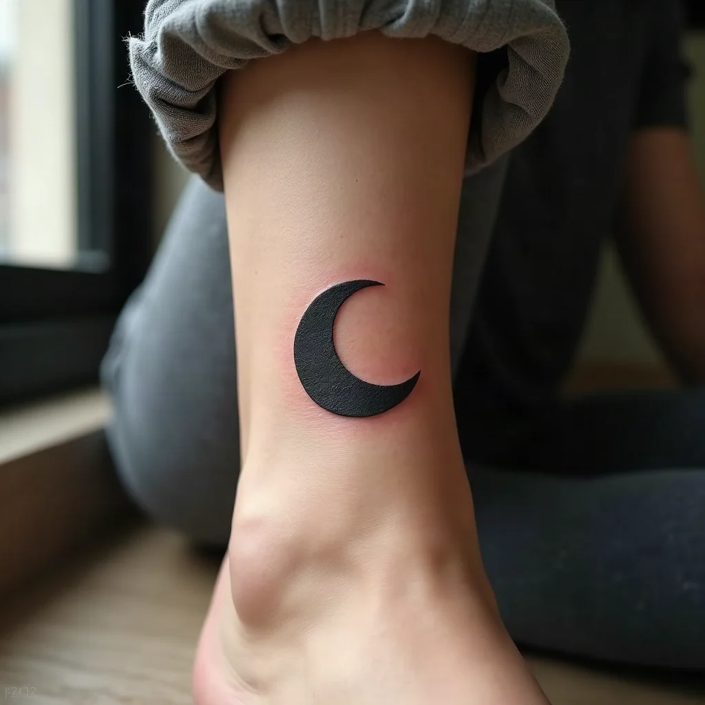 Pea-sized solid black crescent moon tattooed above the ankle bone