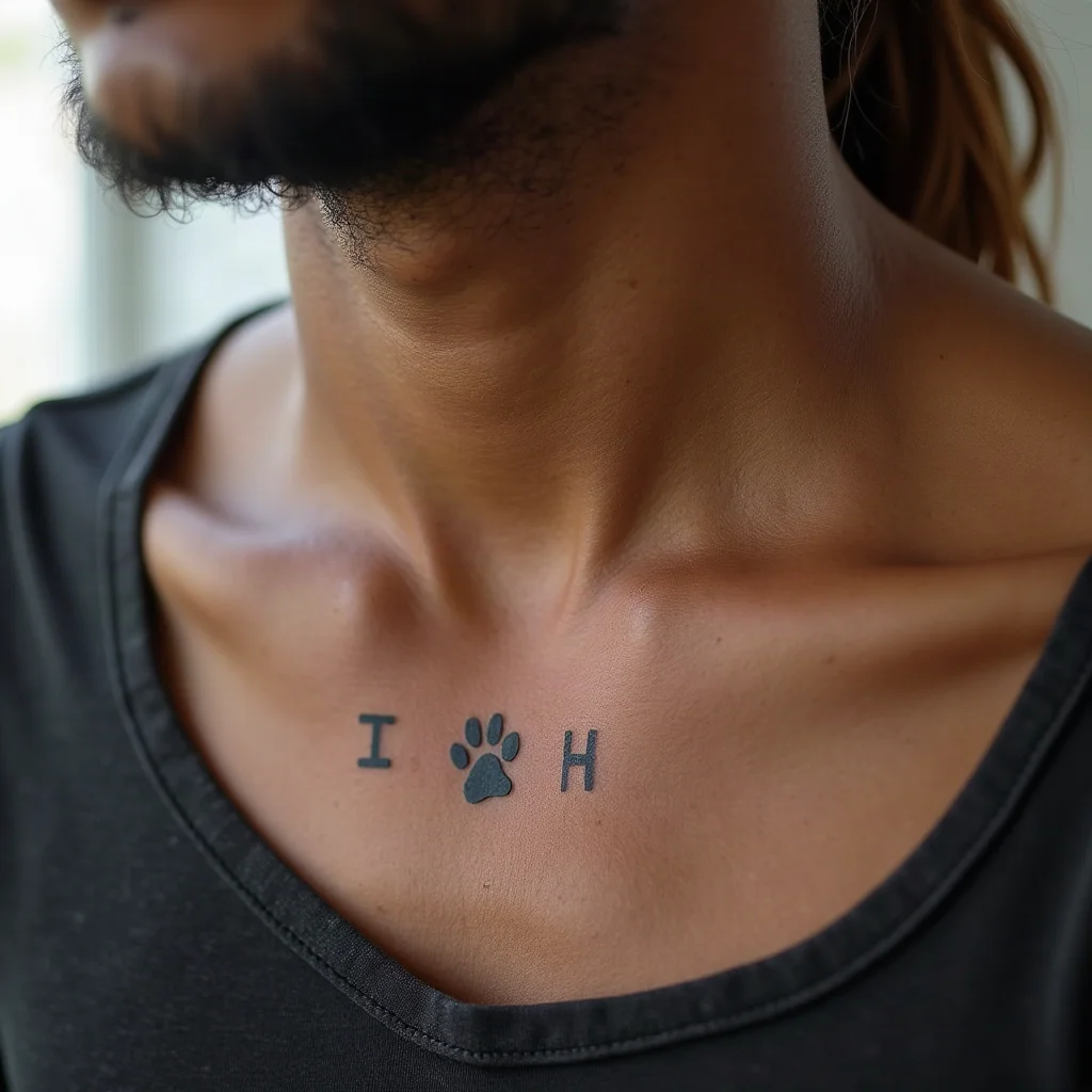Pet name tattoo with a paw print replacing the letter O, minimalist style along the collarbone