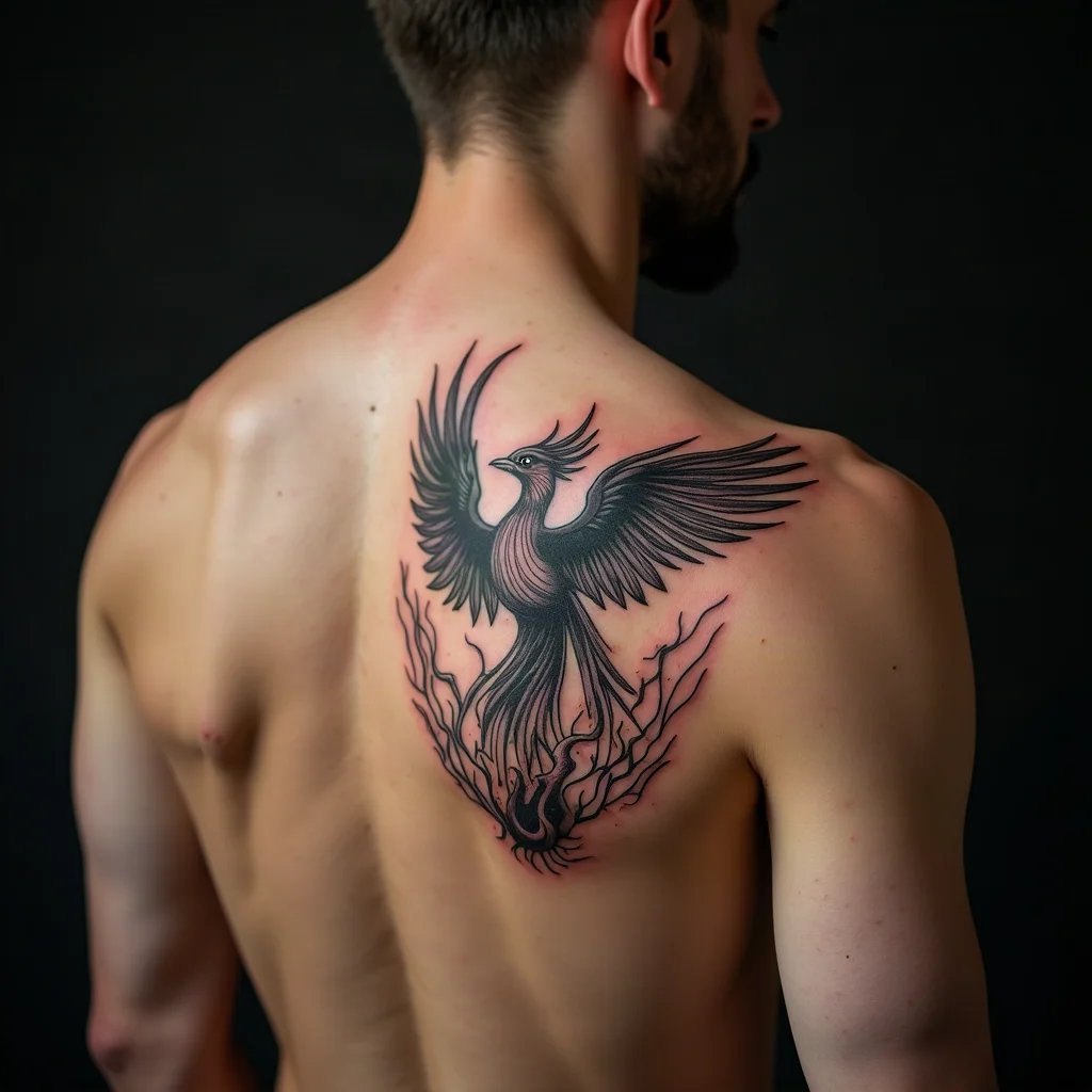 Phoenix rising from a hearth fire tattooed in illustrative style on a man's upper back