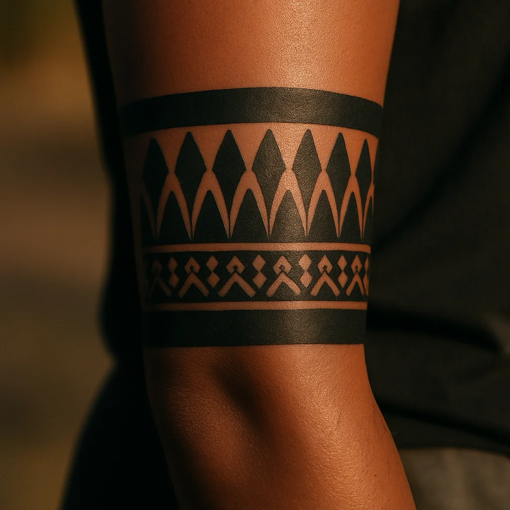 Polynesian-inspired blackwork panel with spearhead and enata motifs on the outer forearm