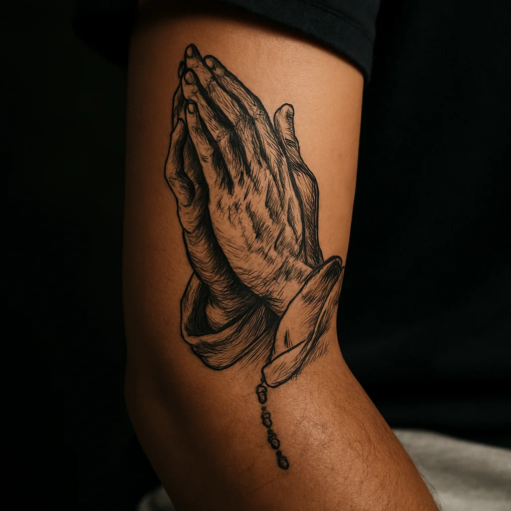 Praying hands with rosary beads tattooed vertically on the outer forearm in black and grey