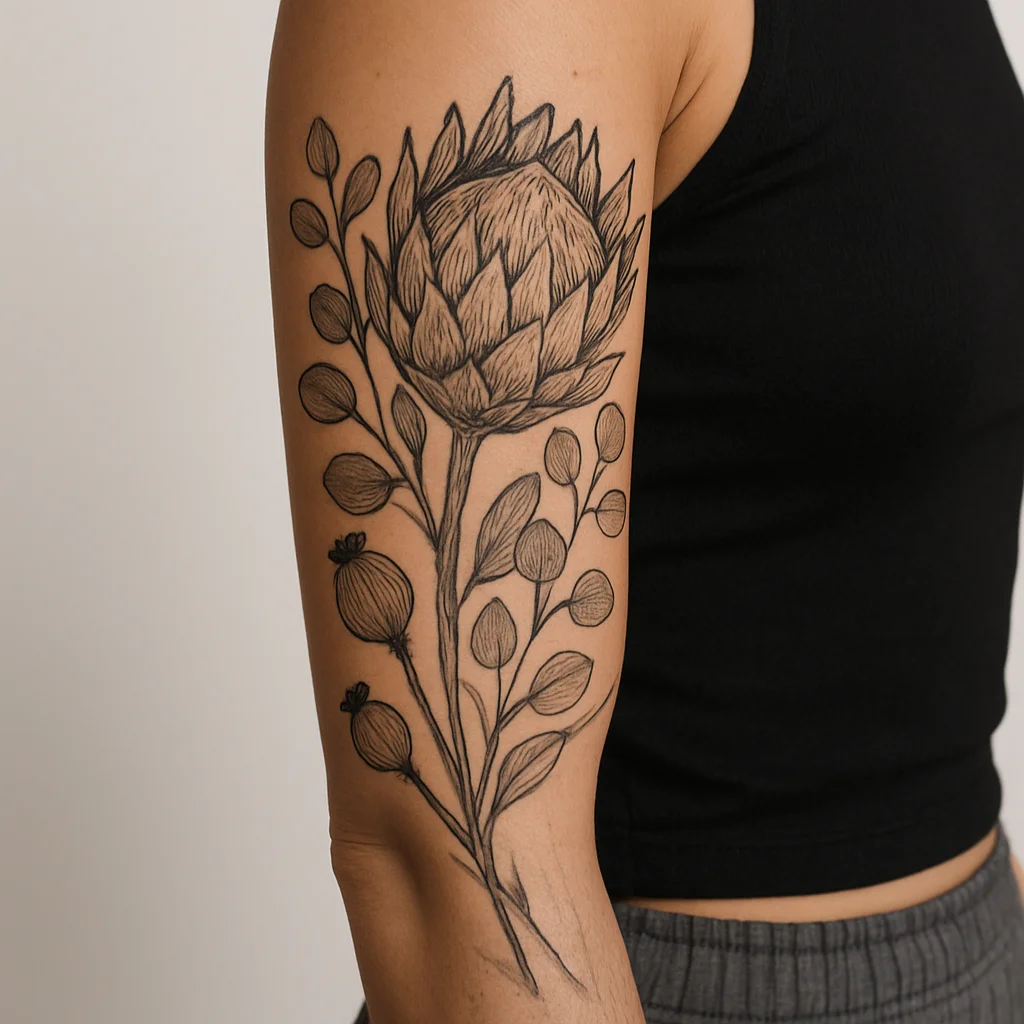 Protea, eucalyptus and poppy pod floral sleeve in muted grey on a woman's arm