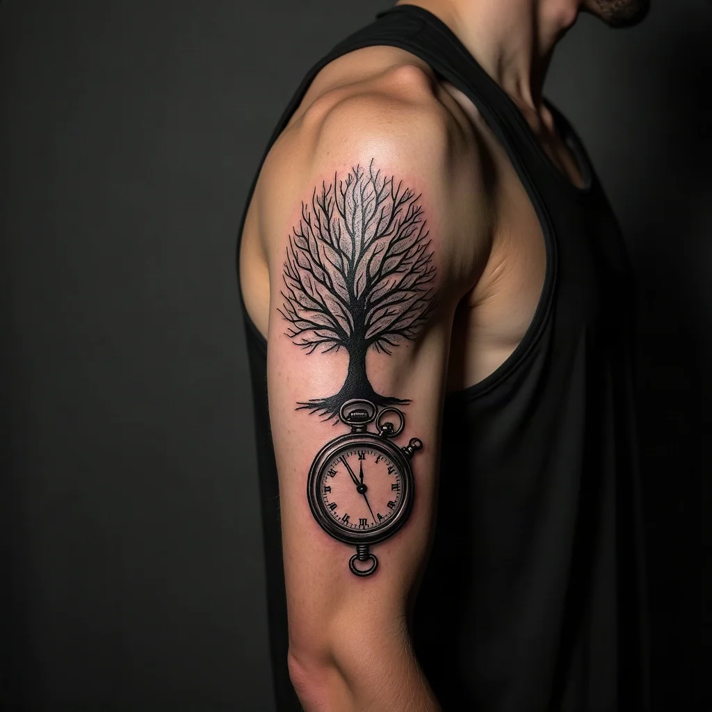 Quarter sleeve family collage of oak, compass and pocket watch on a man's upper arm