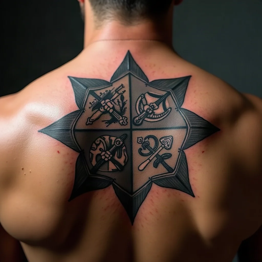 Quartered heraldic family crest in blackwork across a man's upper back